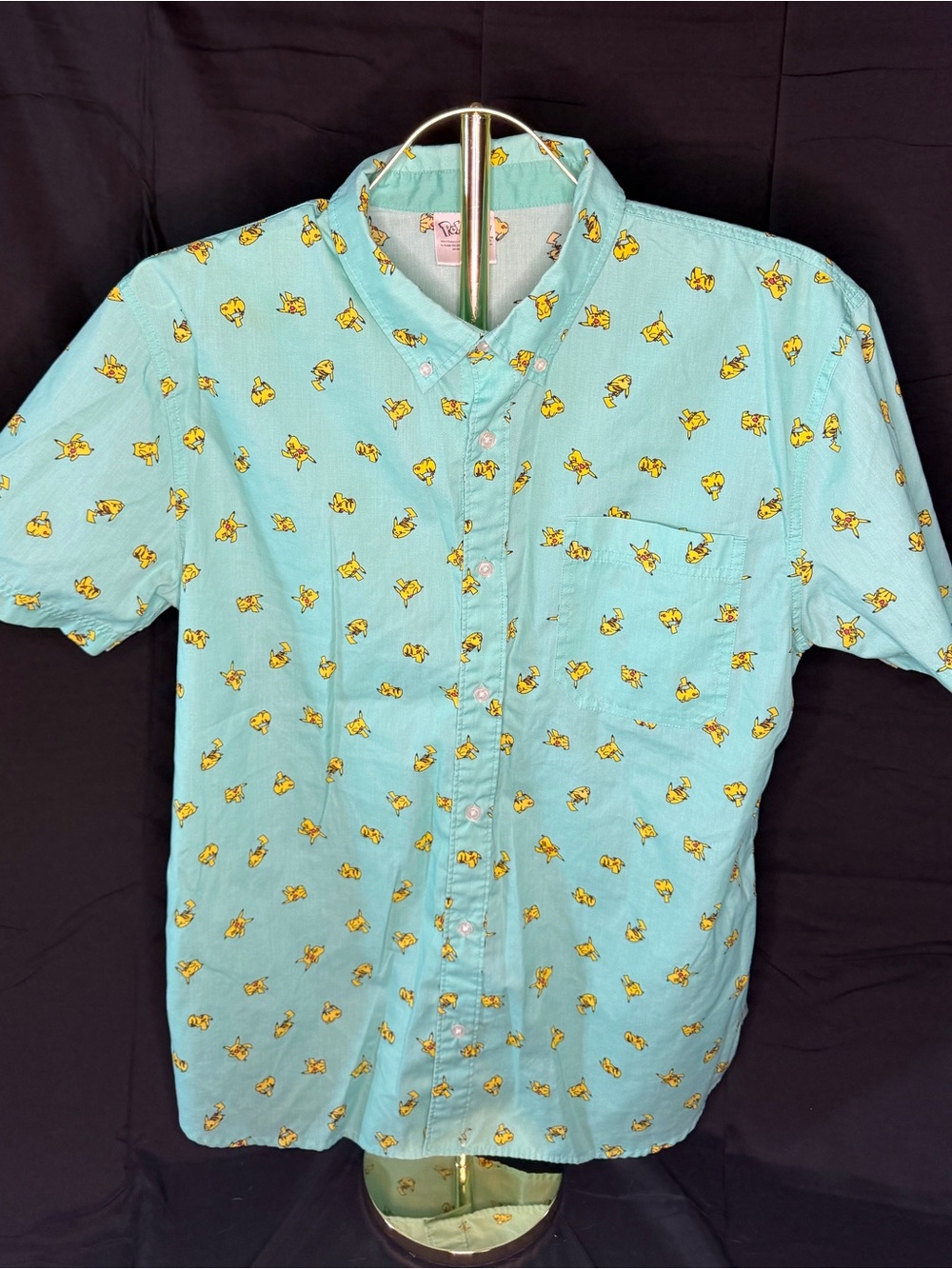 Pokemon Men's Short-Sleeve Button-Down Shirt in Aqua with Yellow Pikachu 0372